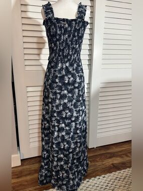 Michael Kors Navy and White Botanical Smocked Maxi Dress